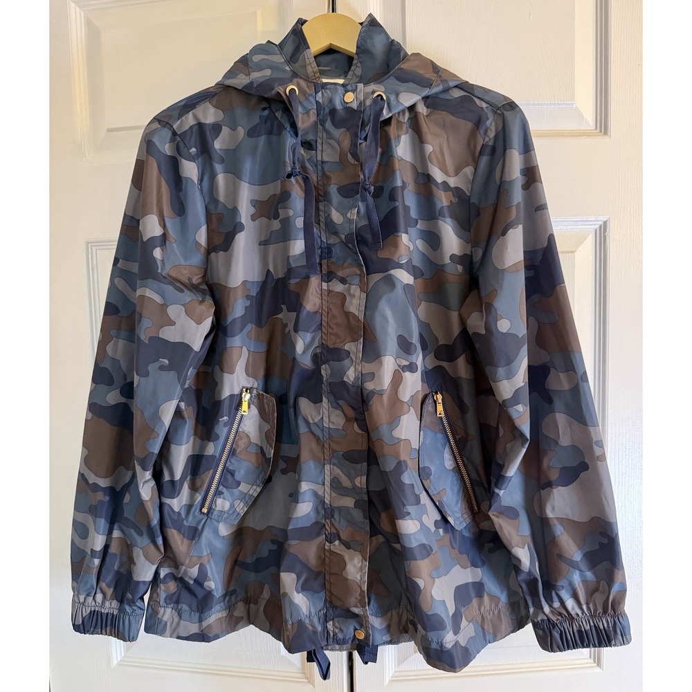 Ci Sono Navy Gray & Brown Camouflage‎ Hooded Windbreaker With Zip Pockets